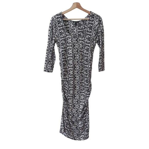 Isabella Oliver Maternity Dress Sz 3 US 8 Black White Fitted Ruched Jersey Midi - Picture 1 of 7